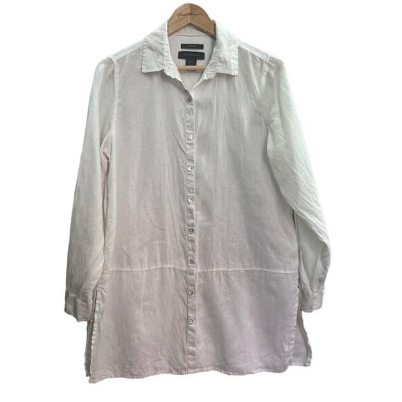 Tahari White 100% Linen Lagenlook Button Up Long Sleeve Top Size Small - Picture 1 of 9